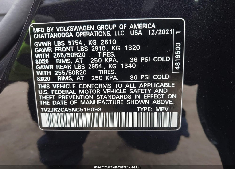 2022 VOLKSWAGEN ATLAS 3.6L V6 SE W/TECHNOLOGY VIN: 1V2JR2CA5NC516093