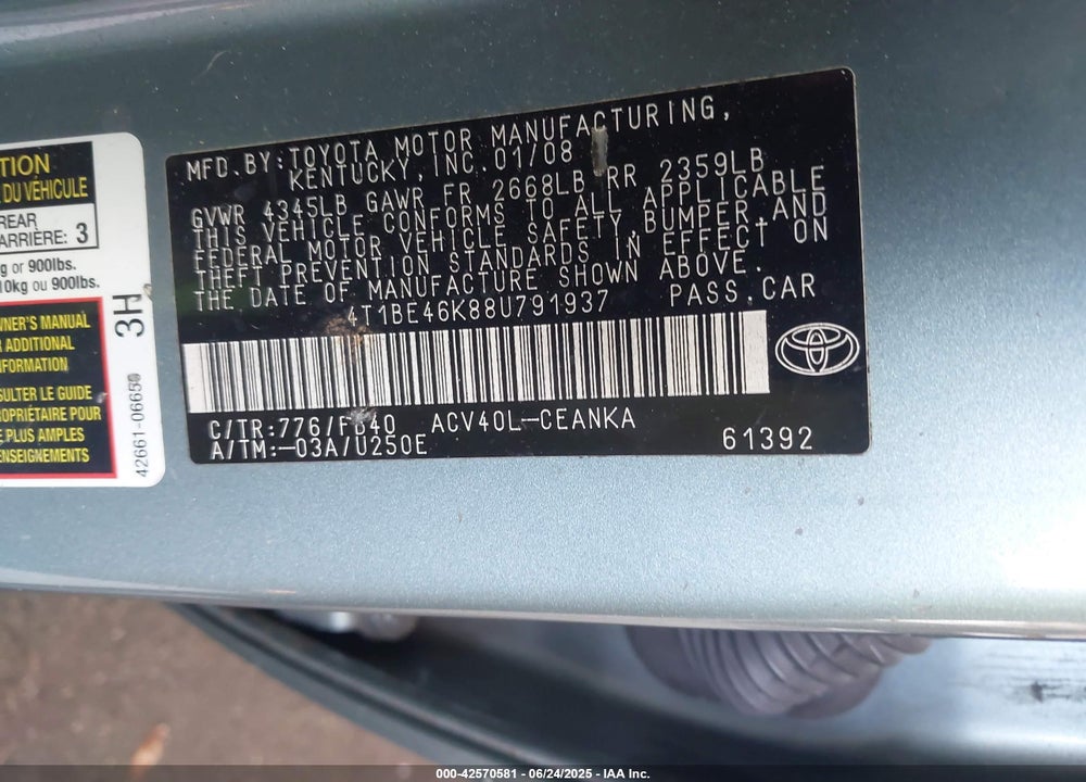 2008 TOYOTA CAMRY VIN: 4T1BE46K88U791937
