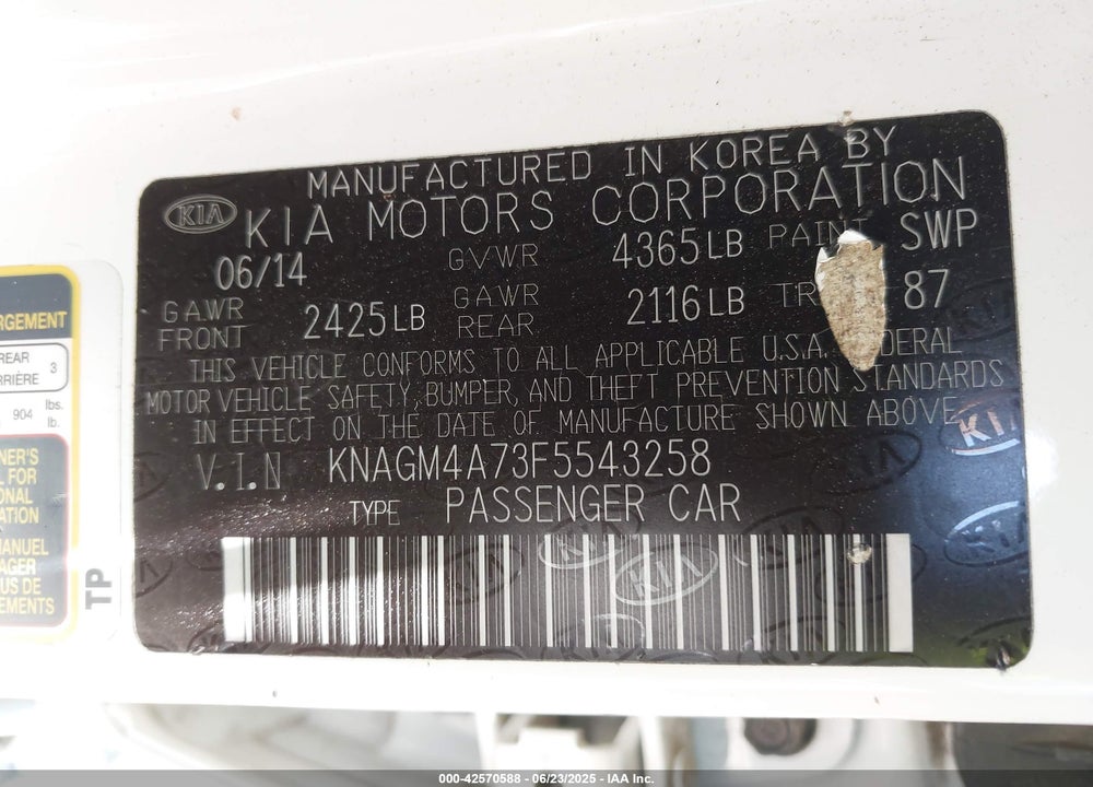 2015 KIA OPTIMA VIN: KNAGM4A73F5543258