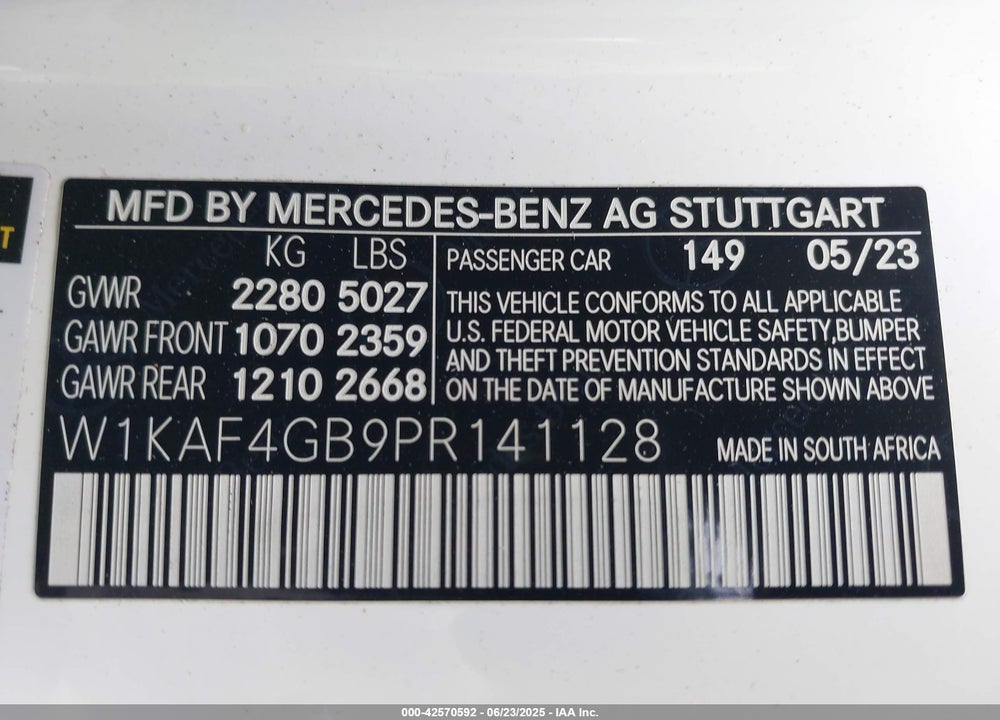 2023 MERCEDES-BENZ C 300 VIN: W1KAF4GB9PR141128