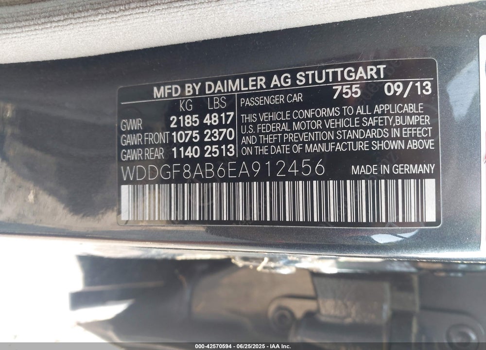 2014 MERCEDES-BENZ C CLASS VIN: WDDGF8AB6EA912456