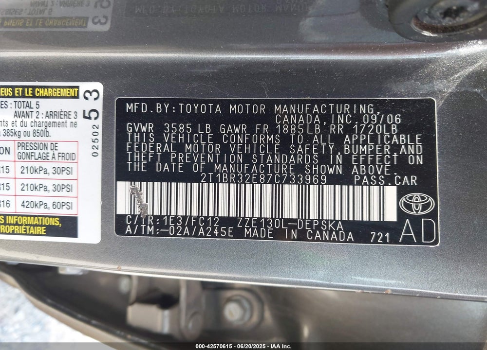 2007 TOYOTA COROLLA S VIN: 2T1BR32E87C733969