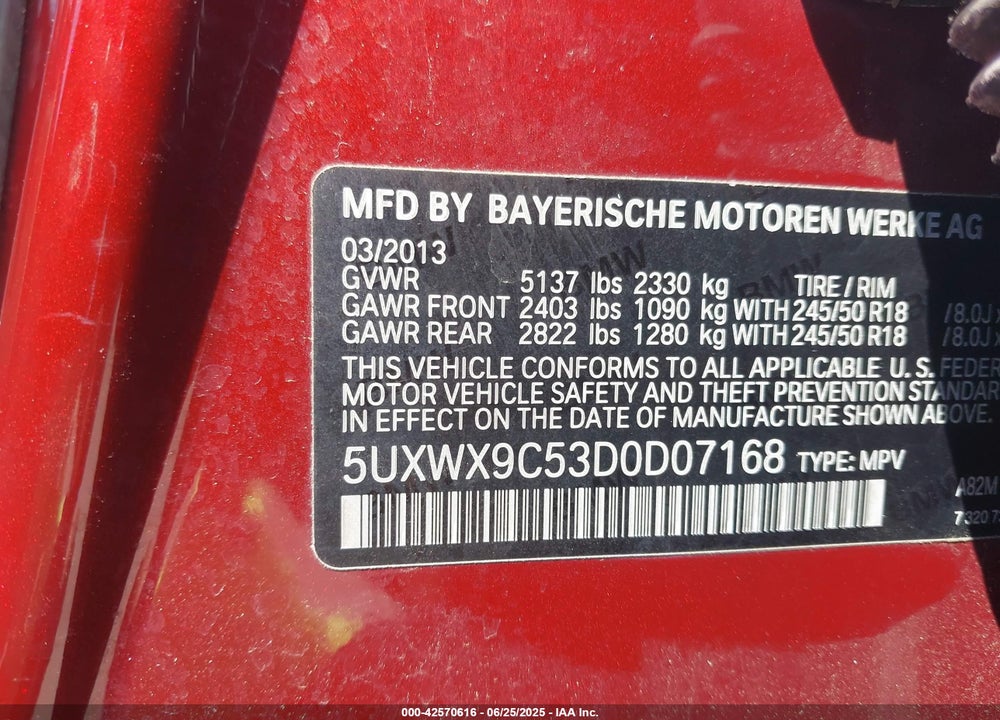 2013 BMW X3 VIN: 5UXWX9C53D0D07168