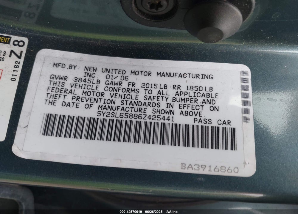 2006 PONTIAC VIBE VIN: 5Y2SL65886Z425441