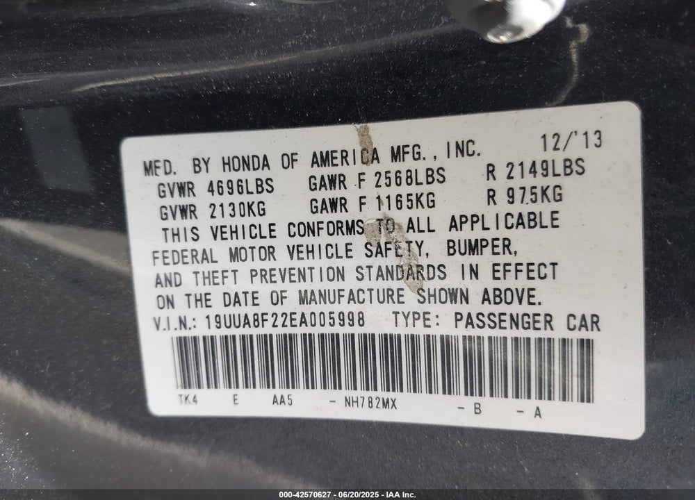 2014 ACURA TL VIN: 19UUA8F22EA005998