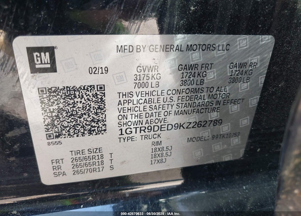 2019 GMC SIERRA 1500 SLT VIN: 1GTR9DED9KZ262789
