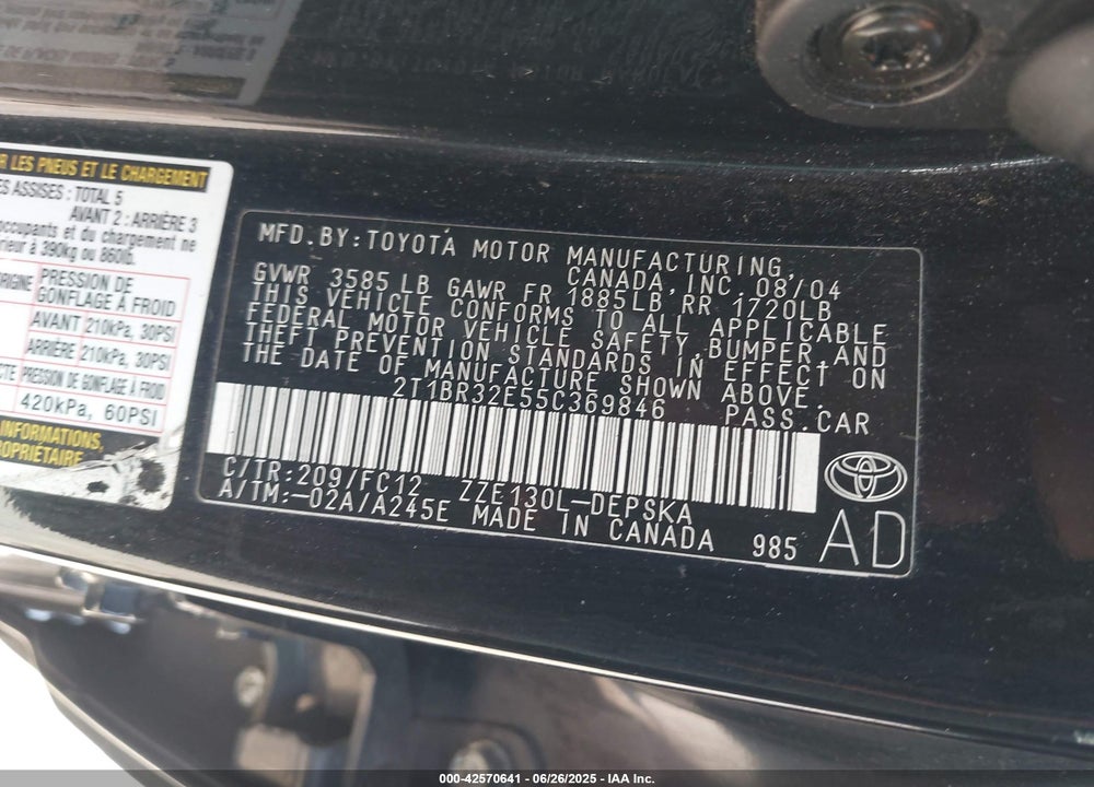 2005 TOYOTA COROLLA S VIN: 2T1BR32E55C369846