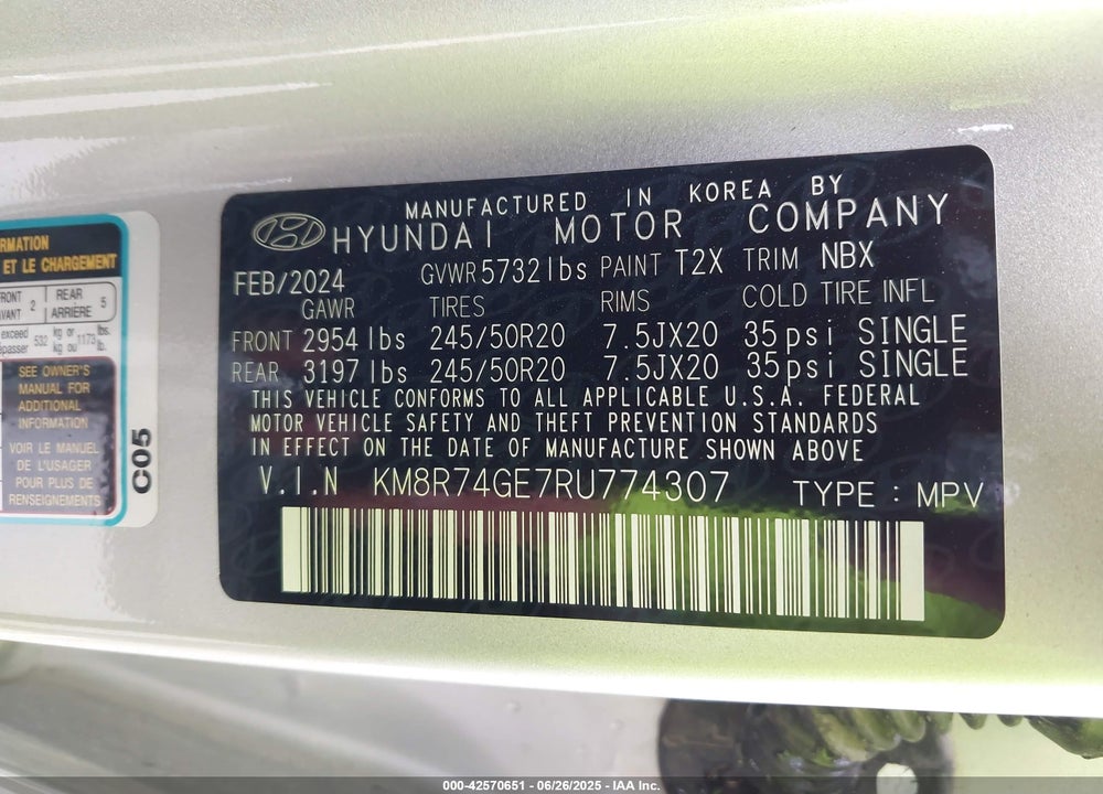 2024 HYUNDAI PALISADE VIN: KM8R74GE7RU774307