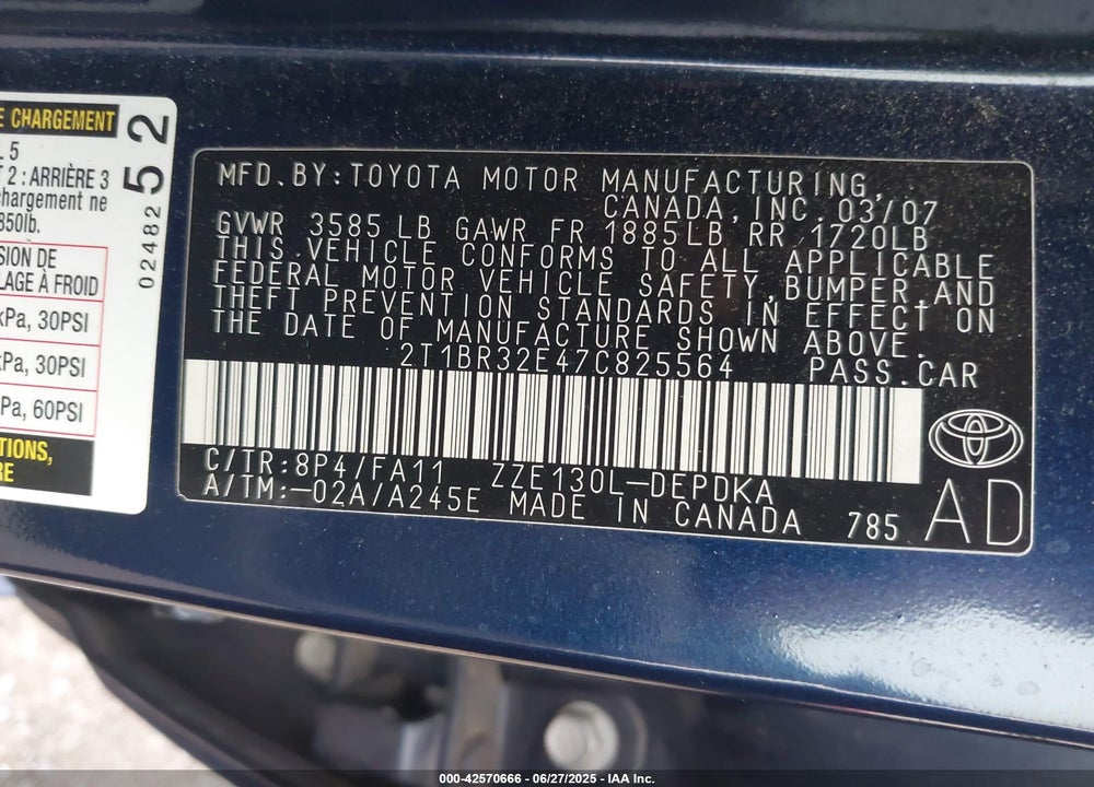 2007 TOYOTA COROLLA CE VIN: 2T1BR32E47C825564