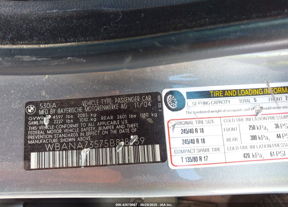 2005 BMW 530I VIN: WBANA73575B818739