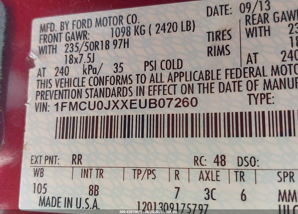 2014 FORD ESCAPE VIN: 1FMCU0JXXEUB07260