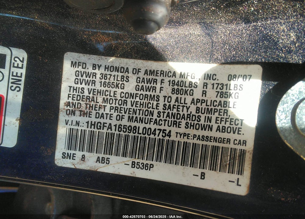 2008 HONDA CIVIC VIN: 1HGFA16598L004754