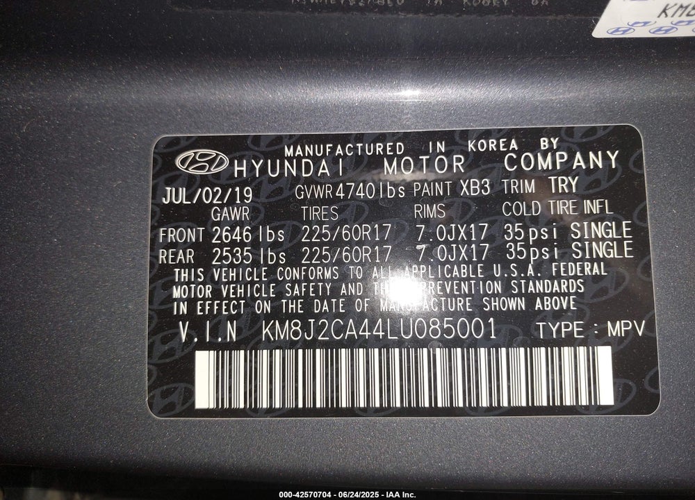 2020 HYUNDAI TUCSON SE VIN: KM8J2CA44LU085001