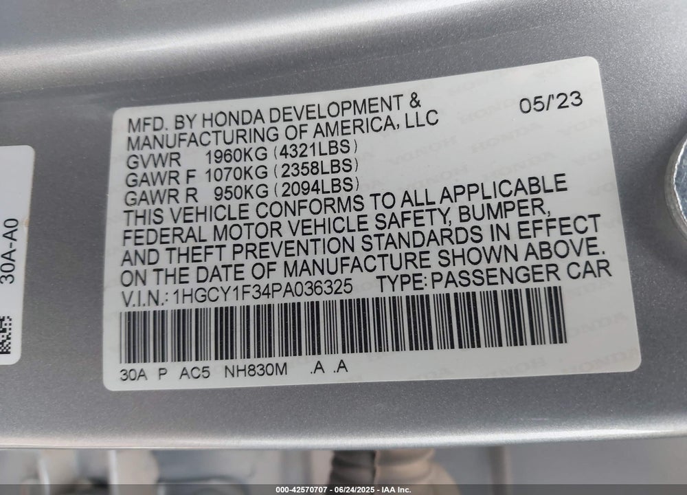 2023 HONDA ACCORD VIN: 1HGCY1F34PA036325