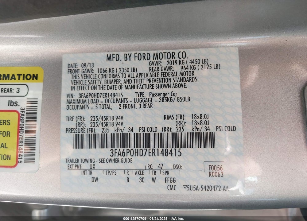 2014 FORD FUSION VIN: 3FA6P0HD7ER148415