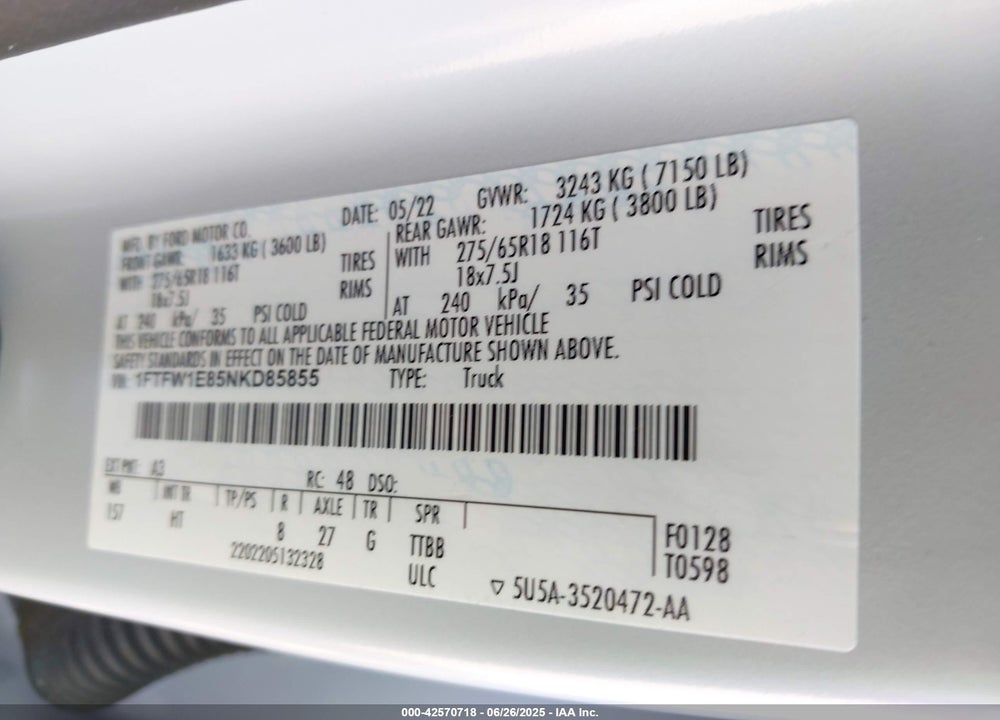 2022 FORD F-150 VIN: 1FTFW1E85NKD85855