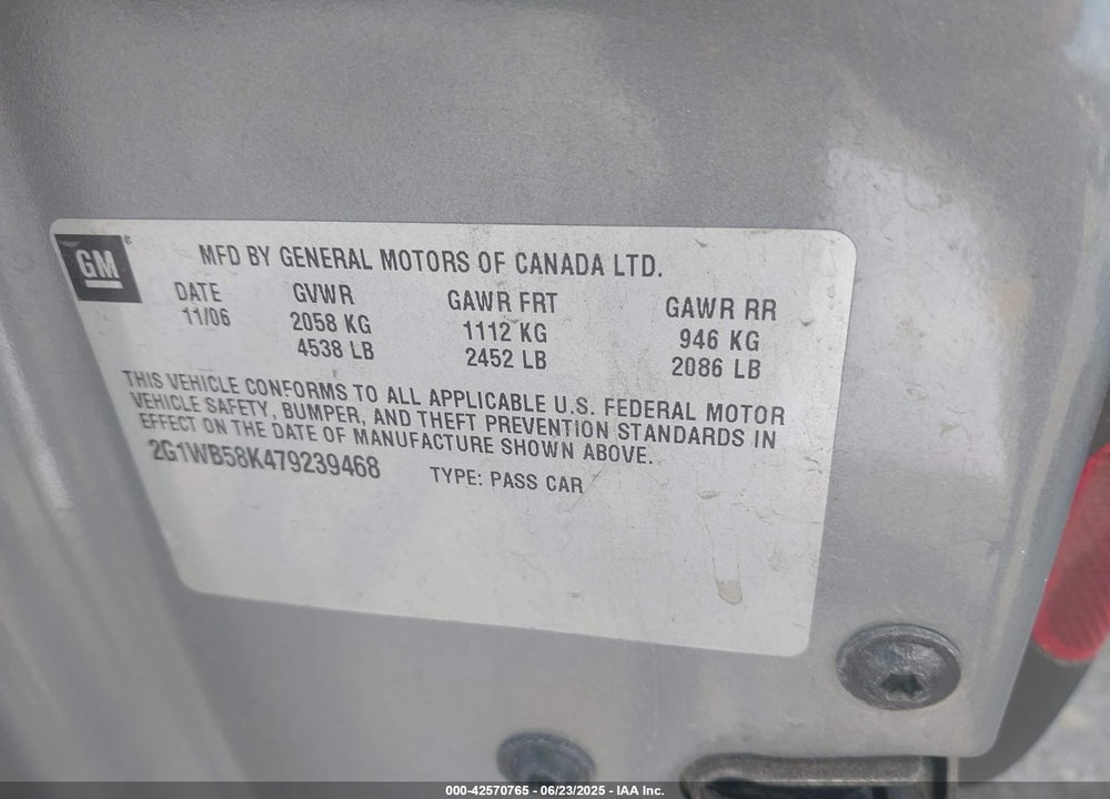 2007 CHEVROLET IMPALA VIN: 2G1WT58KX79305485