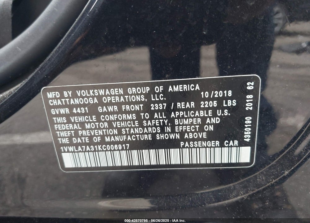 2019 VOLKSWAGEN PASSAT VIN: 1VWLA7A31KC006917