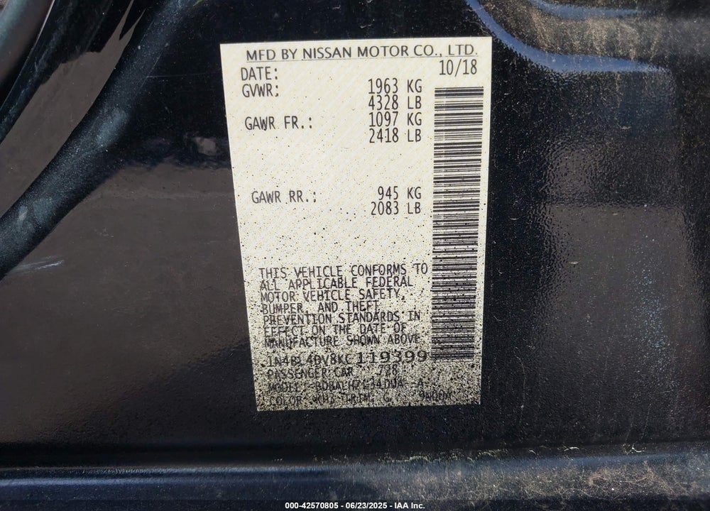 2019 NISSAN ALTIMA VIN: 1N4BL4DV8KC119399