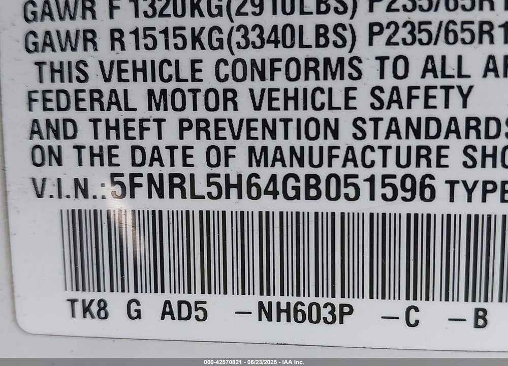 2016 HONDA ODYSSEY EX-L VIN: 5FNRL5H64GB051596