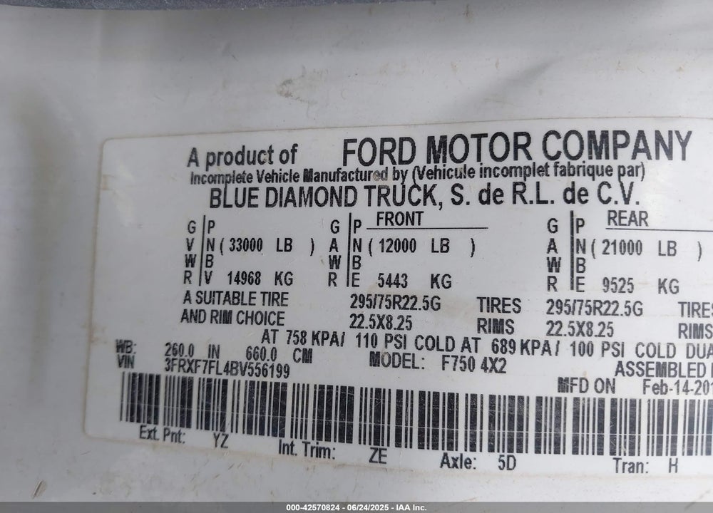 2011 FORD F-750 XL/XLT VIN: 3FRXF7FL4BV556199