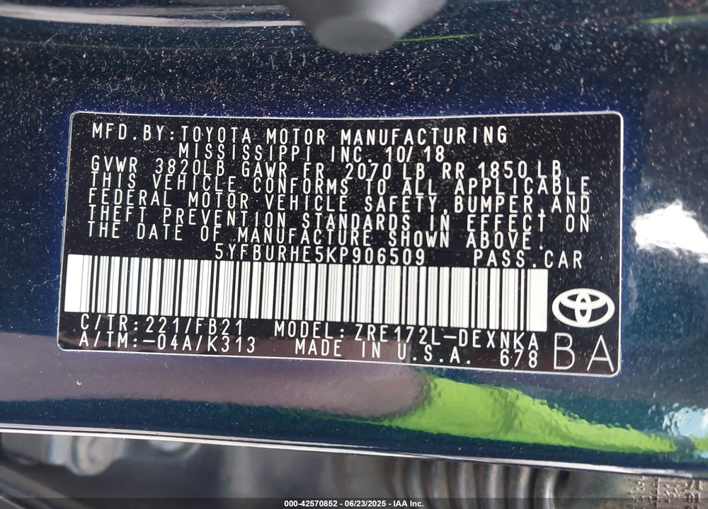 2019 TOYOTA COROLLA VIN: 5YFBURHE5KP906509