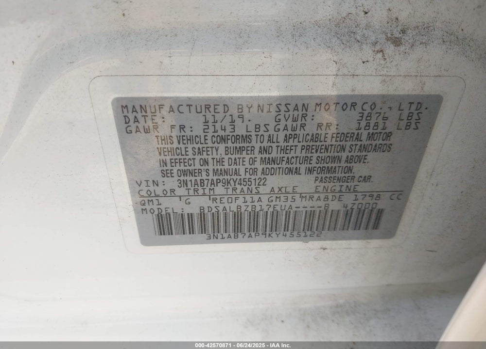 2019 NISSAN SENTRA VIN: 3N1AB7AP9KY455122