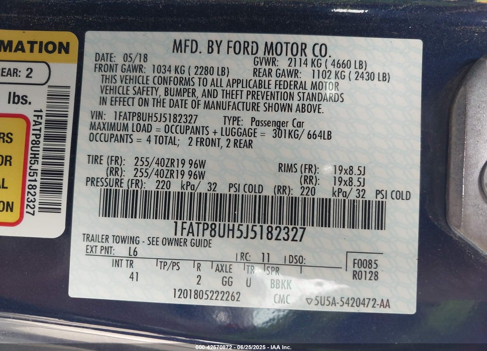 2018 FORD MUSTANG VIN: 1FATP8UH5J5182327