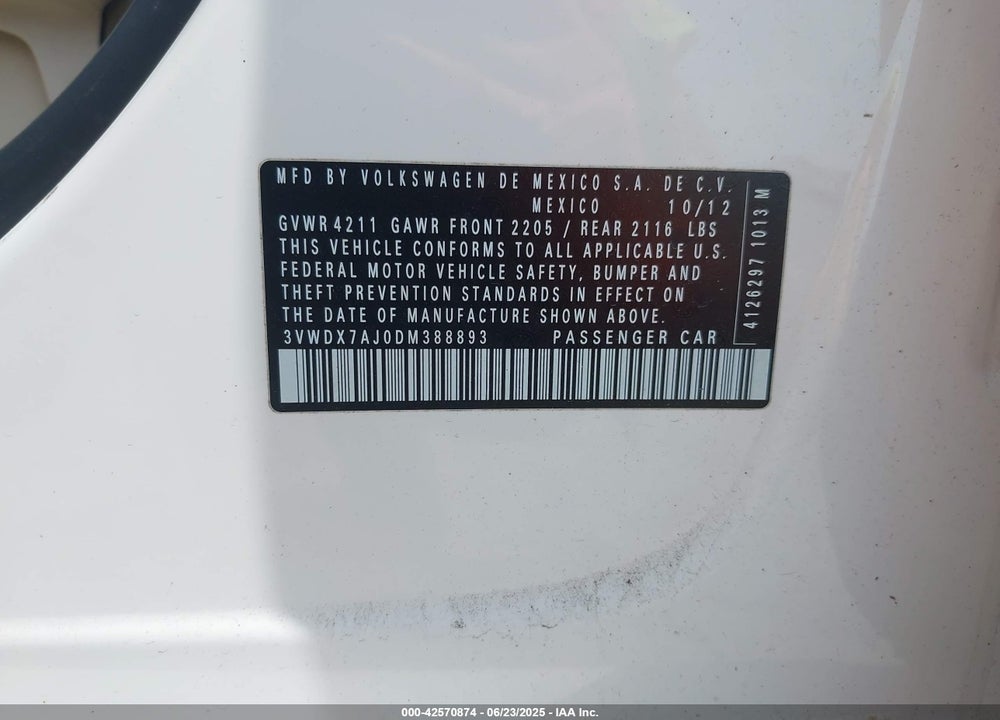 2013 VOLKSWAGEN JETTA SE VIN: 3VWDX7AJ0DM388893