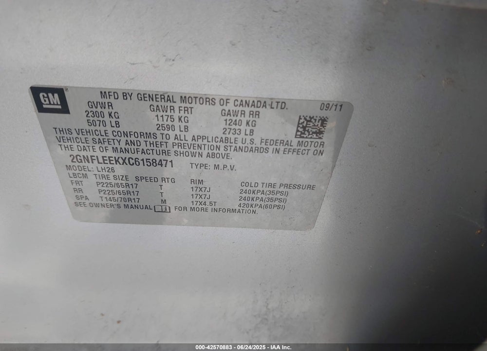 2012 CHEVROLET EQUINOX 1LT VIN: 2GNFLEEKXC6158471