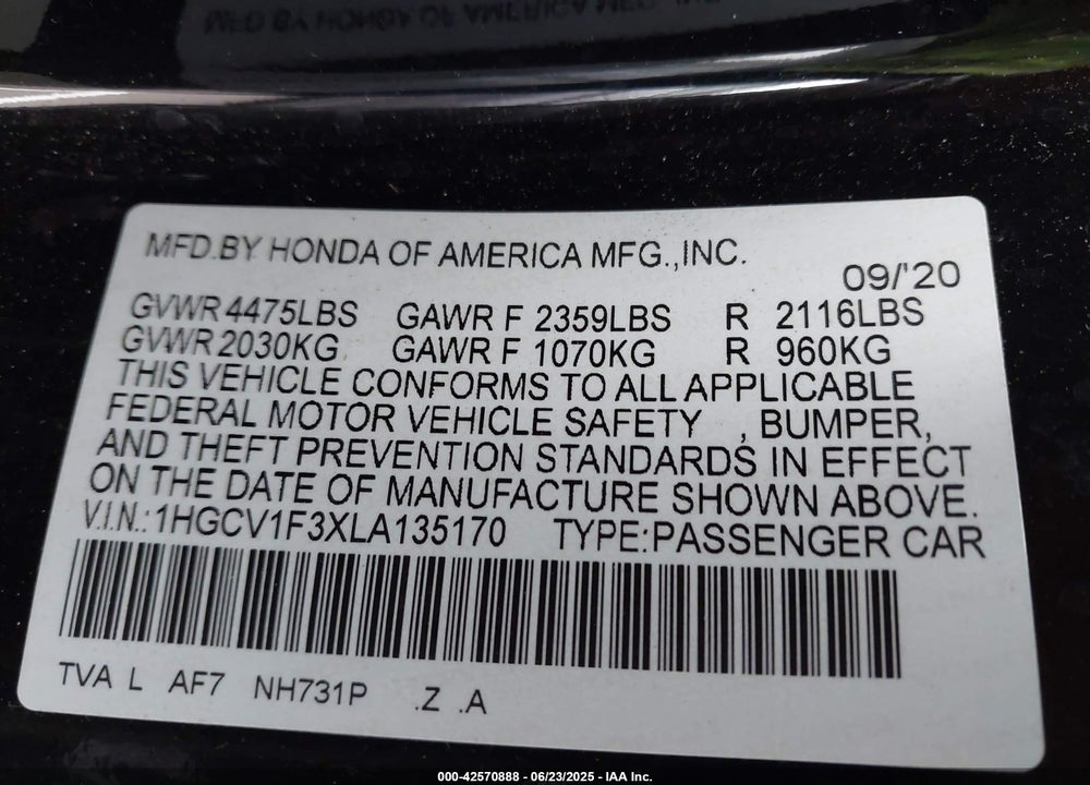 2020 HONDA ACCORD VIN: 1HGCV1F3XLA135170