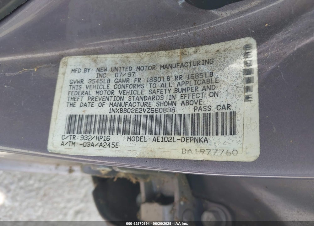 1997 TOYOTA COROLLA DX VIN: 1NXBB02E2VZ660838