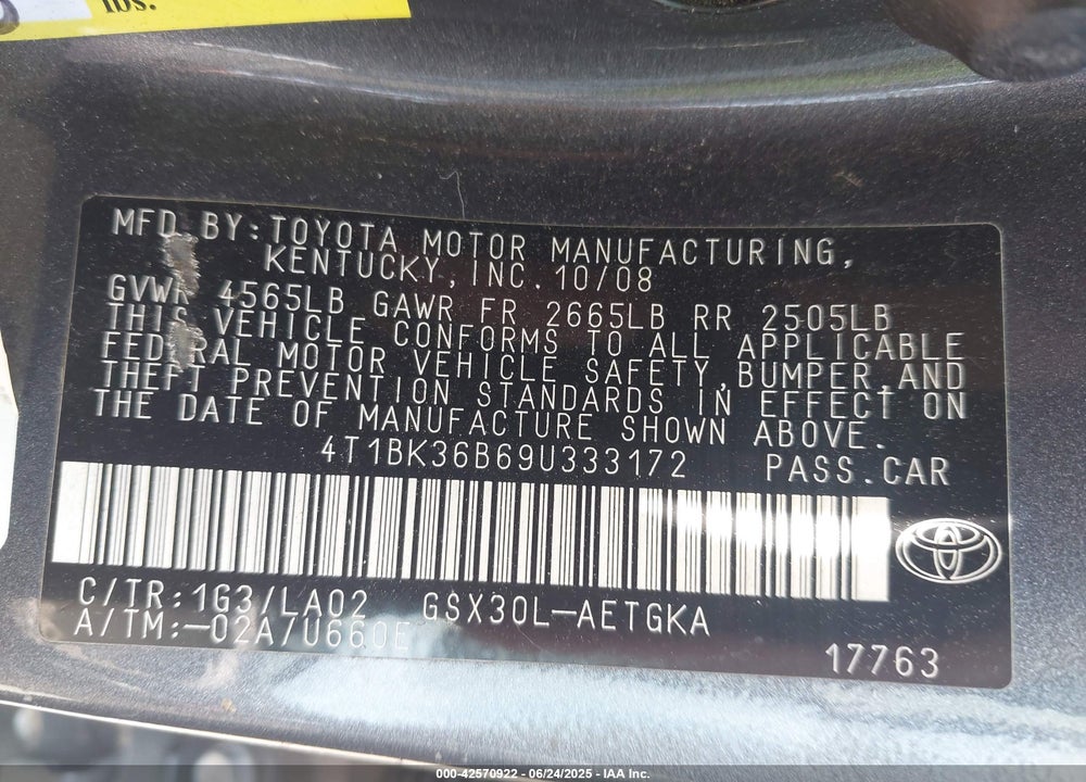 2009 TOYOTA AVALON VIN: 4T1BK36B69U333172