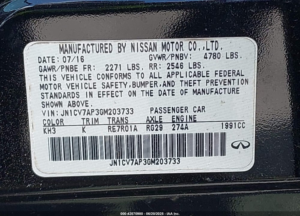 2016 INFINITI Q50 2.0T PREMIUM VIN: JN1CV7AP3GM203733