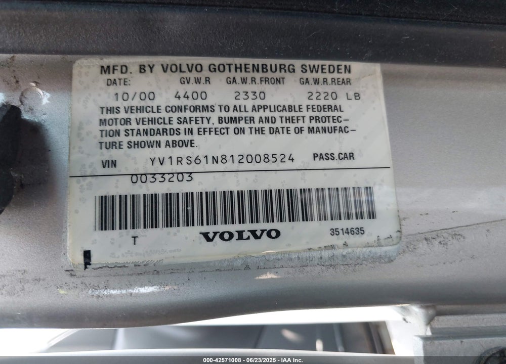 2001 VOLVO S60 2.4 VIN: YV1RS61N812008524