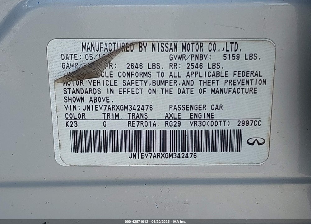 2016 INFINITI Q50 VIN: JN1EV7ARXGM342476
