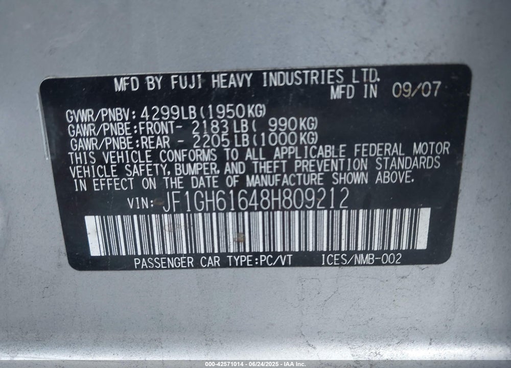 2008 SUBARU IMPREZA VIN: JF1GH61648H809212