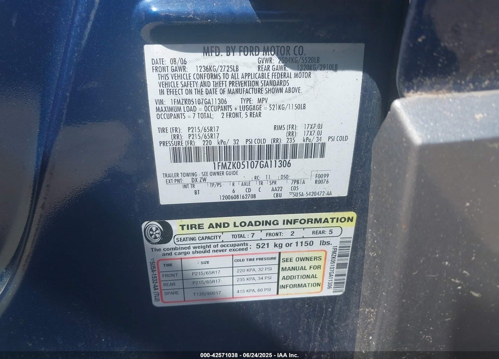 2007 FORD FREESTYLE VIN: 1FMZK05107GA11306