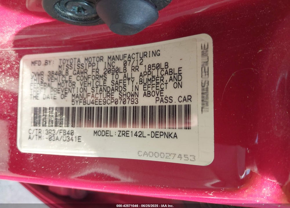 2012 TOYOTA COROLLA VIN: 5YFBU4EE9CP070793