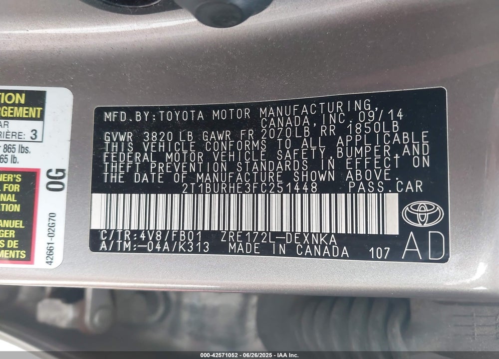 2015 TOYOTA COROLLA LE VIN: 2T1BURHE3FC251448