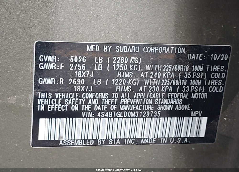 2021 SUBARU OUTBACK VIN: 4S4BTGLD0M3129735