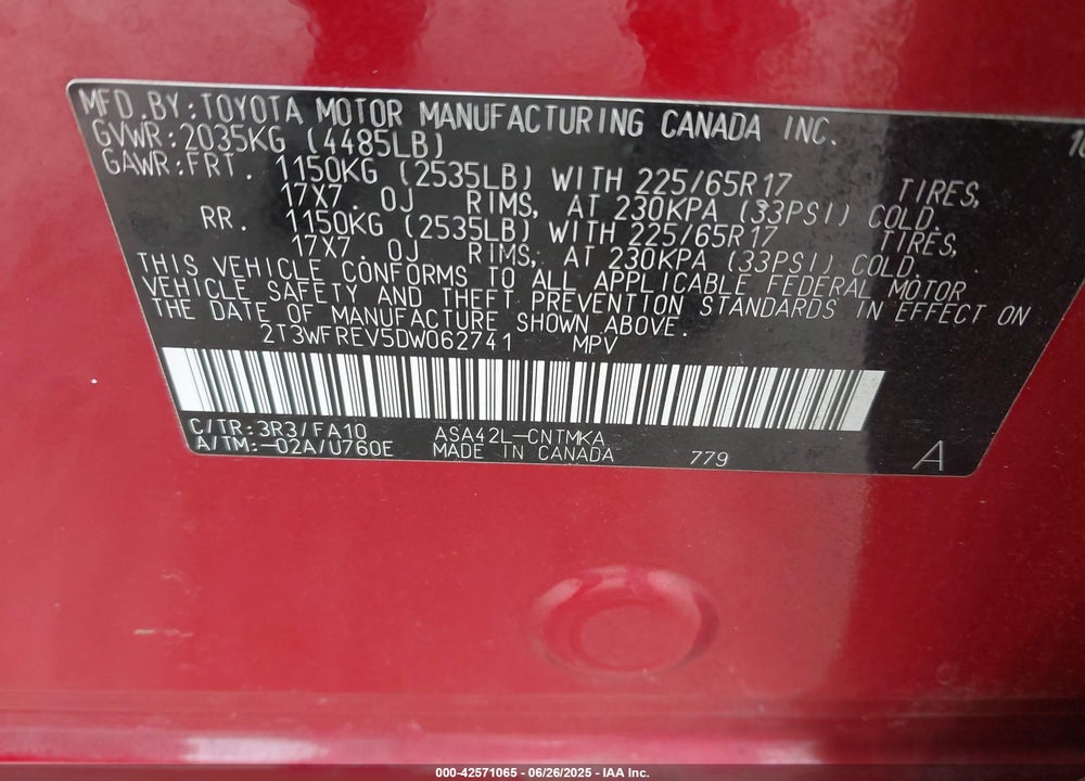 2013 TOYOTA RAV4 XLE VIN: 2T3WFREV5DW062741