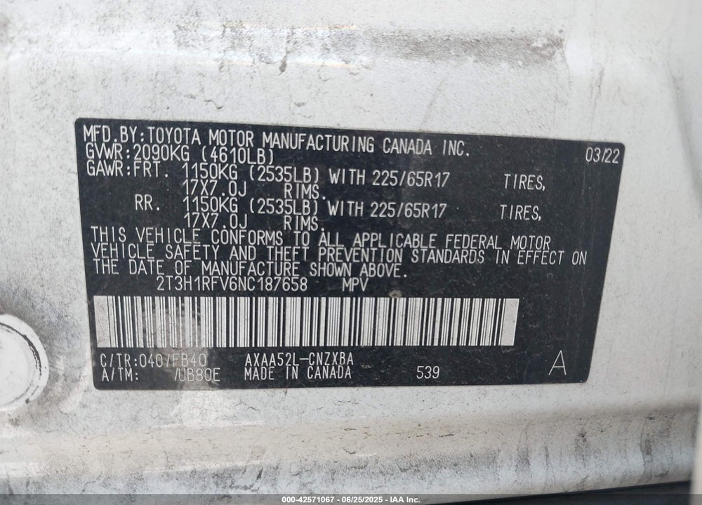 2022 TOYOTA RAV4 VIN: 2T3H1RFV6NC187658