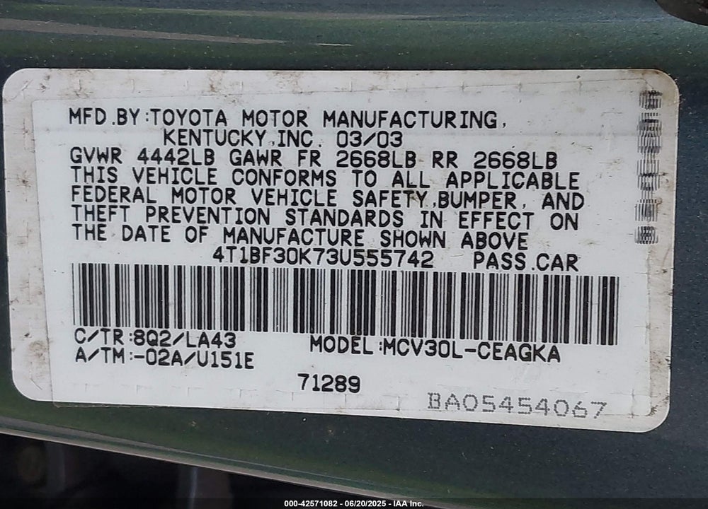 2003 TOYOTA CAMRY XLE V6 VIN: 4T1BF30K73U555742