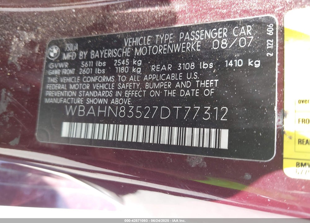 2007 BMW 750 VIN: WBAHN83527DT77312