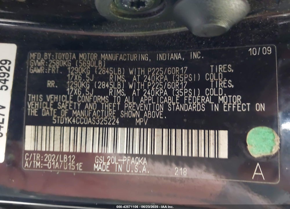 2010 TOYOTA SIENNA XLE VIN: 5TDYK4CC0AS325224