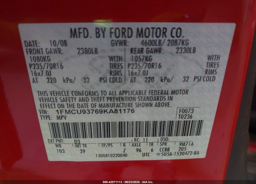 2009 FORD ESCAPE VIN: 1FMCU93769KA81176