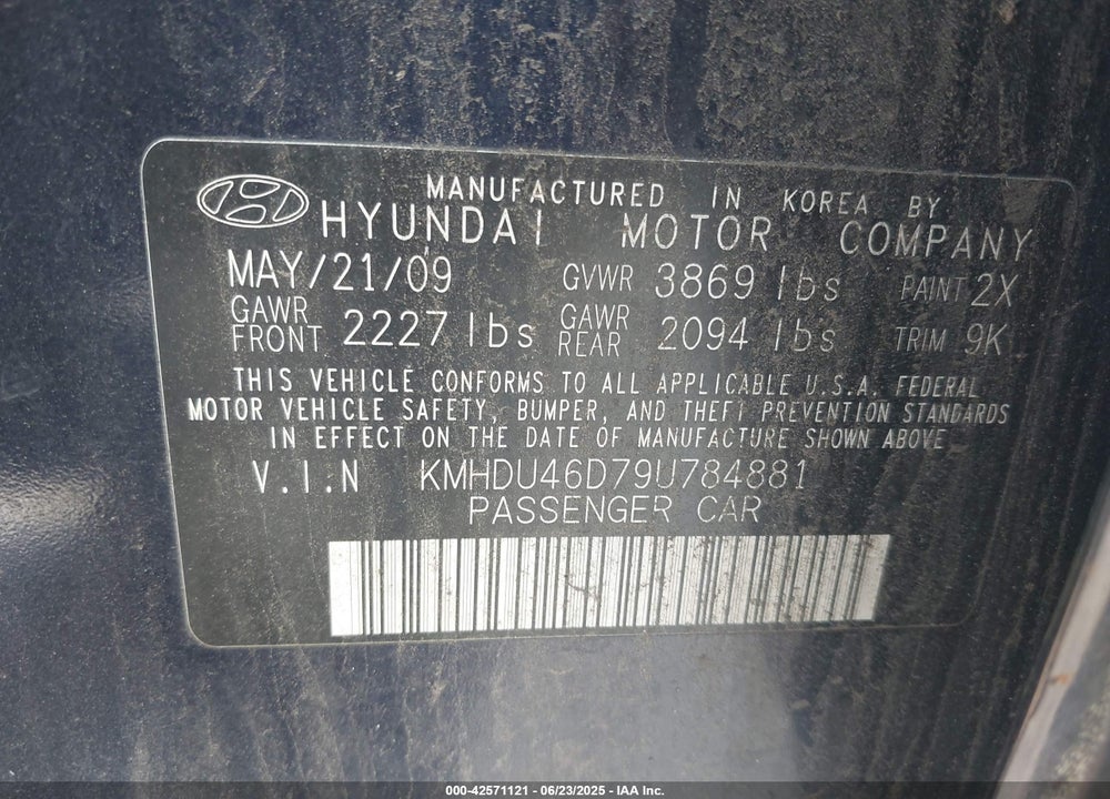 2009 HYUNDAI ELANTRA VIN: KMHDU46D79U784881