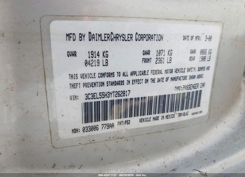2000 CHRYSLER SEBRING VIN: 3C3EL55H3YT262817