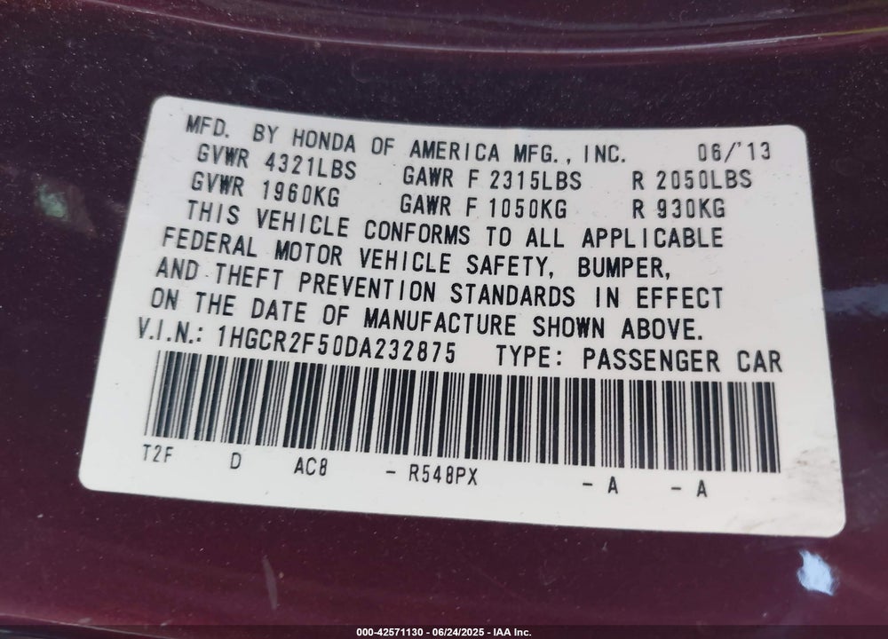 2013 HONDA ACCORD VIN: 1HGCR2F50DA232875